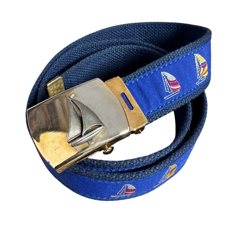 Vintage Skippers Belt Sailboat Ribbon Belt Brass Buckle Nautical Prep Yacht Club